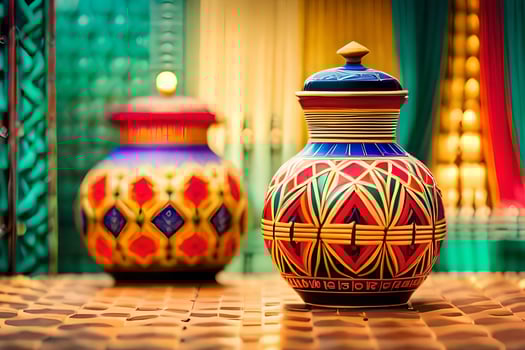 two colorful vases are sitting on a table. AI-Generated photo