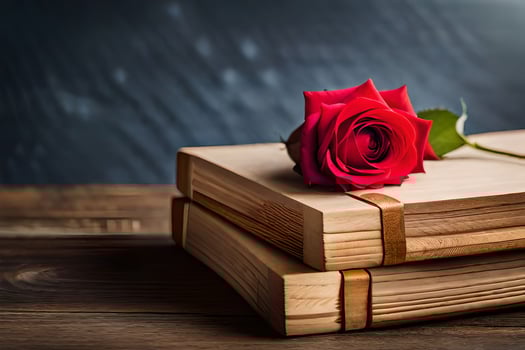 a red rose sits on top of two old books. AI-Generated photo