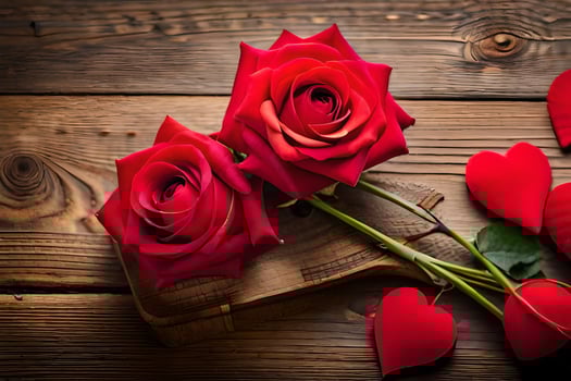two red roses and hearts on a wooden table. AI-Generated photo