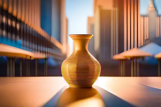 a golden vase sitting on a table in front of a city. AI-Generated photo