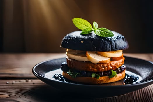 a black burger with mushrooms and blueberries on a plate. AI-Generated photo