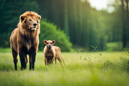 a lion and a baby in a field. AI-Generated photo