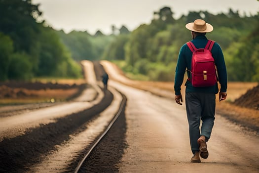 a man with a red backpack walking down a road. AI-Generated photo
