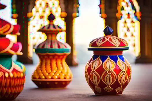 colorful vases are sitting on a floor. AI-Generated photo