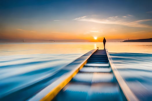 a man stands on a dock at sunset. AI-Generated photo