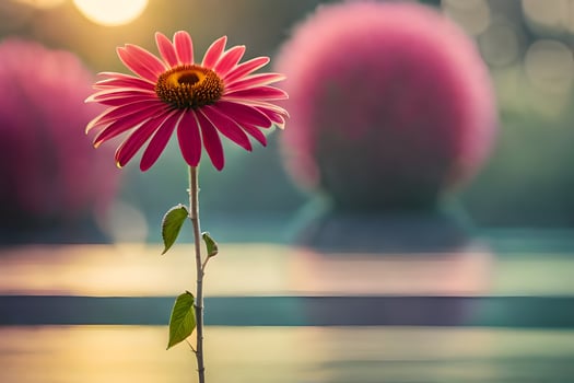 a pink flower is standing in front of a pond. AI-Generated photo