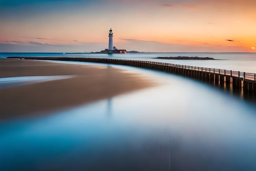 a long exposure photograph of a lighthouse at sunset. AI-Generated photo