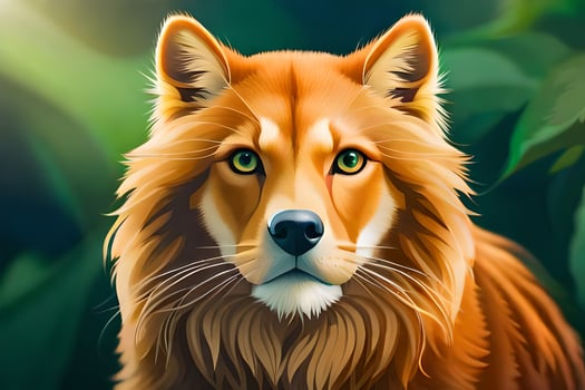 a red dog with green eyes in the forest. AI-Generated photo