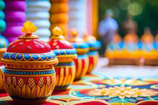 colorful decorative pots on a table. AI-Generated photo
