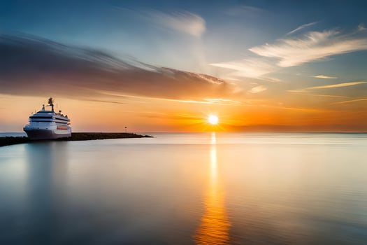 a cruise ship docked at the shore during sunset. AI-Generated photo