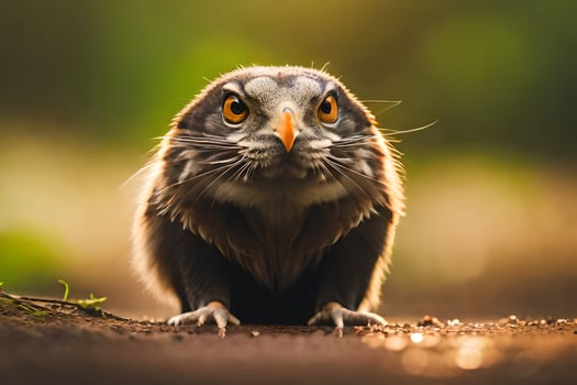 a small owl with big eyes standing on the ground. AI-Generated photo