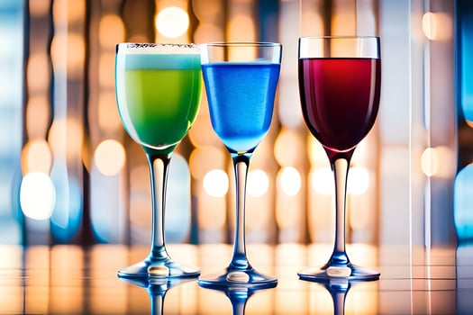 three glasses of colored drinks on a table. AI-Generated photo