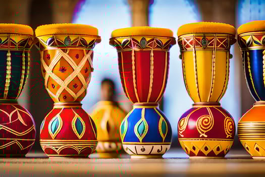 a row of colorful drums on a table. AI-Generated photo