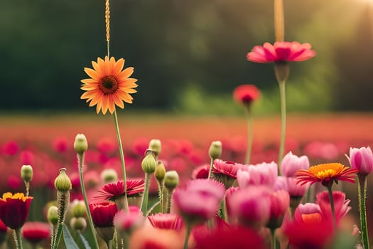 a field of flowers with a sunflower in the middle. AI-Generated photo