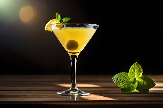 a cocktail with lemon and mint on a wooden table. AI-Generated photo
