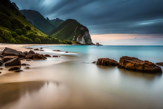 a long exposure photograph of a beach and mountains. AI-Generated photo