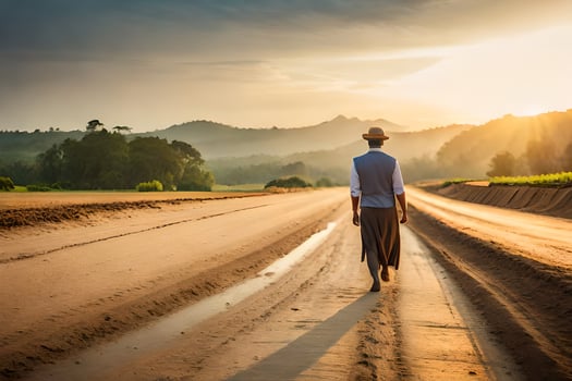 a man walking down a dirt road in the middle of nowhere. AI-Generated photo