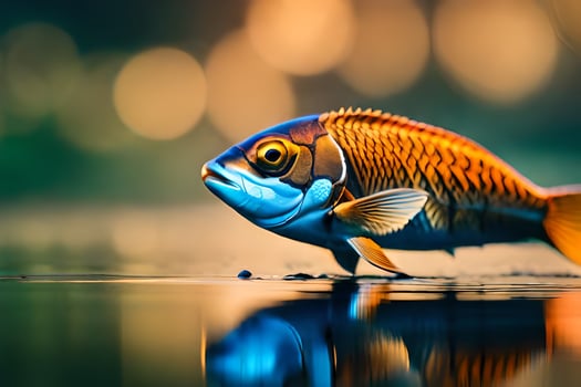 a fish is standing on the water with a reflection. AI-Generated photo