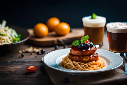a plate of food with pasta and a drink. AI-Generated photo