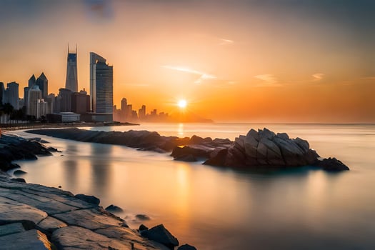 the sun sets over the city skyline in dubai. AI-Generated photo