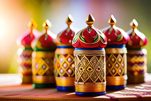 colorful wooden lamps on a table. AI-Generated photo
