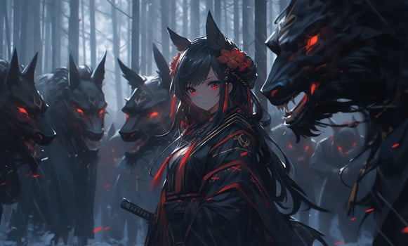 AI Generative samurai assassins girl with bright eyes in anime style photo