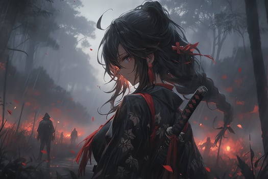 AI Generative samurai assassins girl with bright eyes in anime style photo