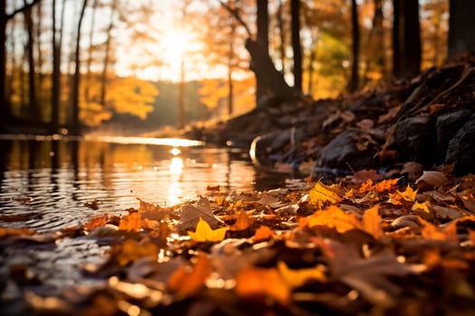 AI Generative of a serene autumn landscape golden leaves cover the ground photo