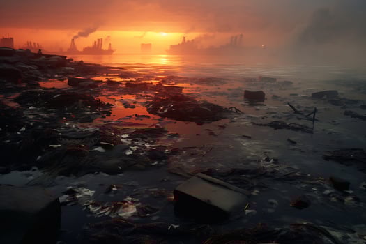 Sunset over polluted coastline reveals environmental damage AI Generative photo