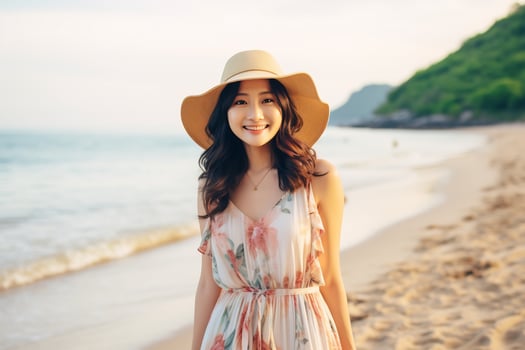 Young asian woman in summer dress and big smile AI Generative photo