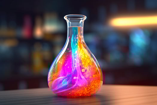Close Up of a Science Beaker Filled with Multi Colored Liquids. AI Generative photo