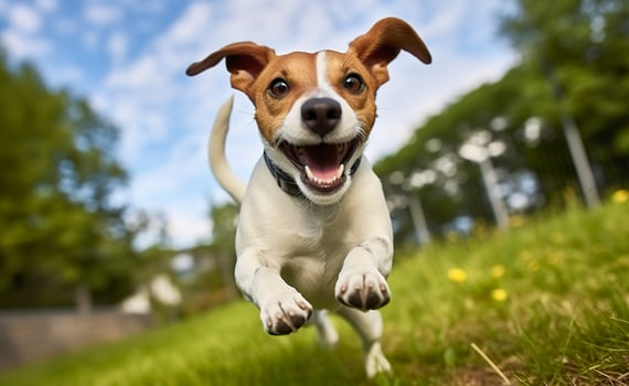 Jack Russel Parson Dog Run Toward The Camera Low Angle High Speed Shot. AI Generated photo