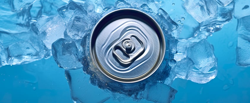 Top of drink tin can iced submerged in frost ice, metal aluminum beverage. Generative AI photo