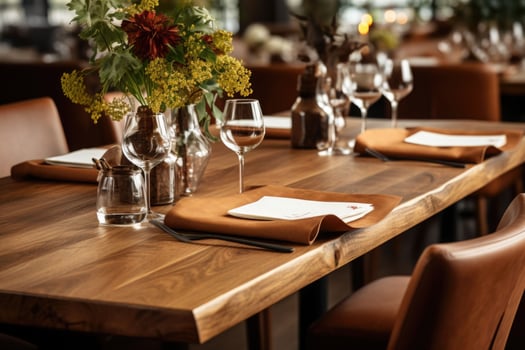 Laid table with glasses and appliances in the restaurant. Generative AI photo
