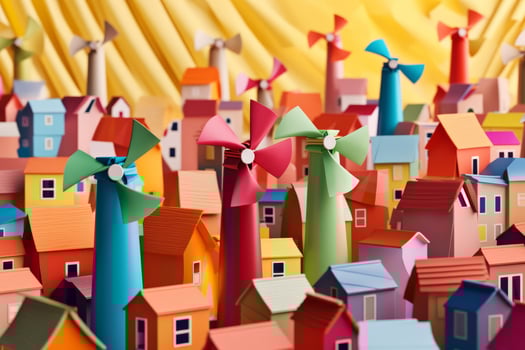 Colorful paper windmills, representing wind energy and promoting sustainable practices. Generative AI photo