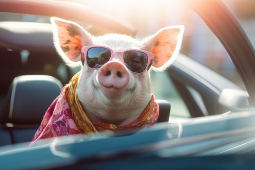Happy piggy with sunglasses and with head out of the car window having fun. Enyoj vacancy trip. Generative AI. photo