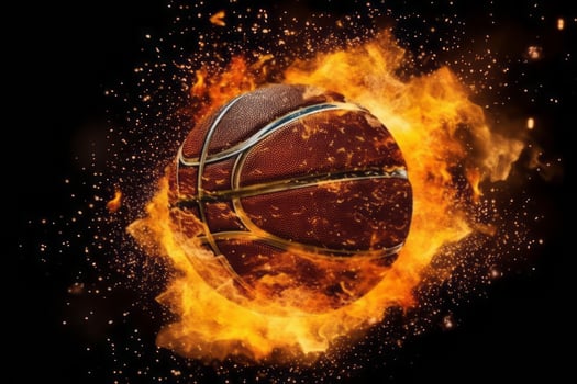 Burning basket ball with fire sparks on black background. Generative AI photo
