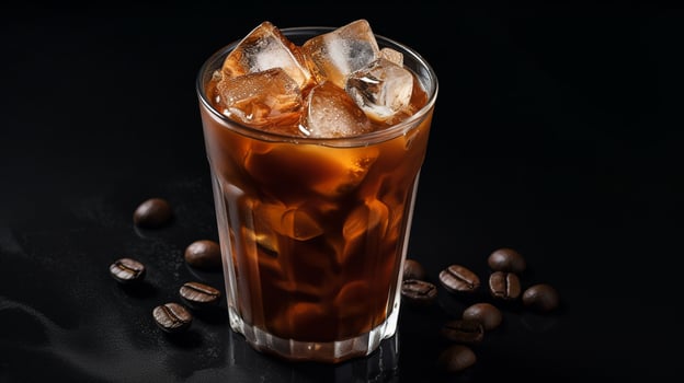 Photo of a Vietnamese Iced Coffee isolated on flat black background. Generative AI