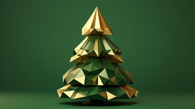 Elegant gold green Christmas tree in low poly art on green background photo