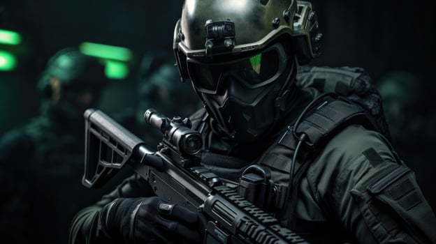 Urban Warfare A Tactical Squad Member in Combat Ready Gear and Equipment AI Generated photo