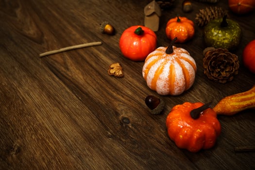 Halloween decorations background. Halloween Scary pumpkin head on wooden table Halloween holiday concept photo