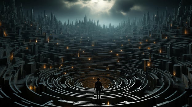 A man stands in a maze and thinks, view from the back. The concept of difficulty in making a decision photo