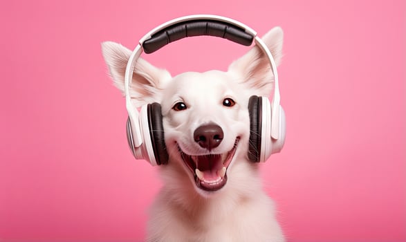Joyful canine enjoys music with headphones. AI generative. photo