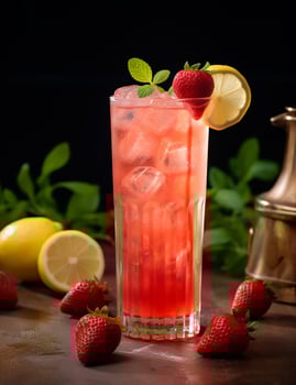 Photo of some Strawberry Lemonade drink elegantly plated on a table. Generative AI
