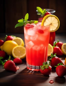Photo of some Strawberry Lemonade drink elegantly plated on a table. Generative AI