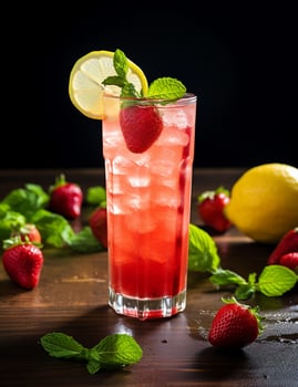 Photo of some Strawberry Lemonade drink elegantly plated on a table. Generative AI