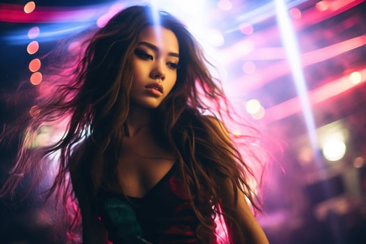 Portrait of a beautiful young asian woman with long hair in night club AI generated photo