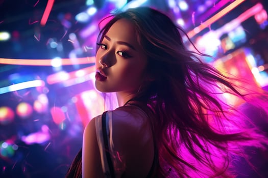Portrait of a beautiful young asian woman with long hair in night club AI generated photo