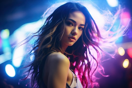 Portrait of a beautiful young asian woman with long hair in night club AI generated photo