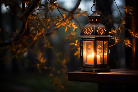 Autumn lantern on wooden table. Copy space. Generative AI photo